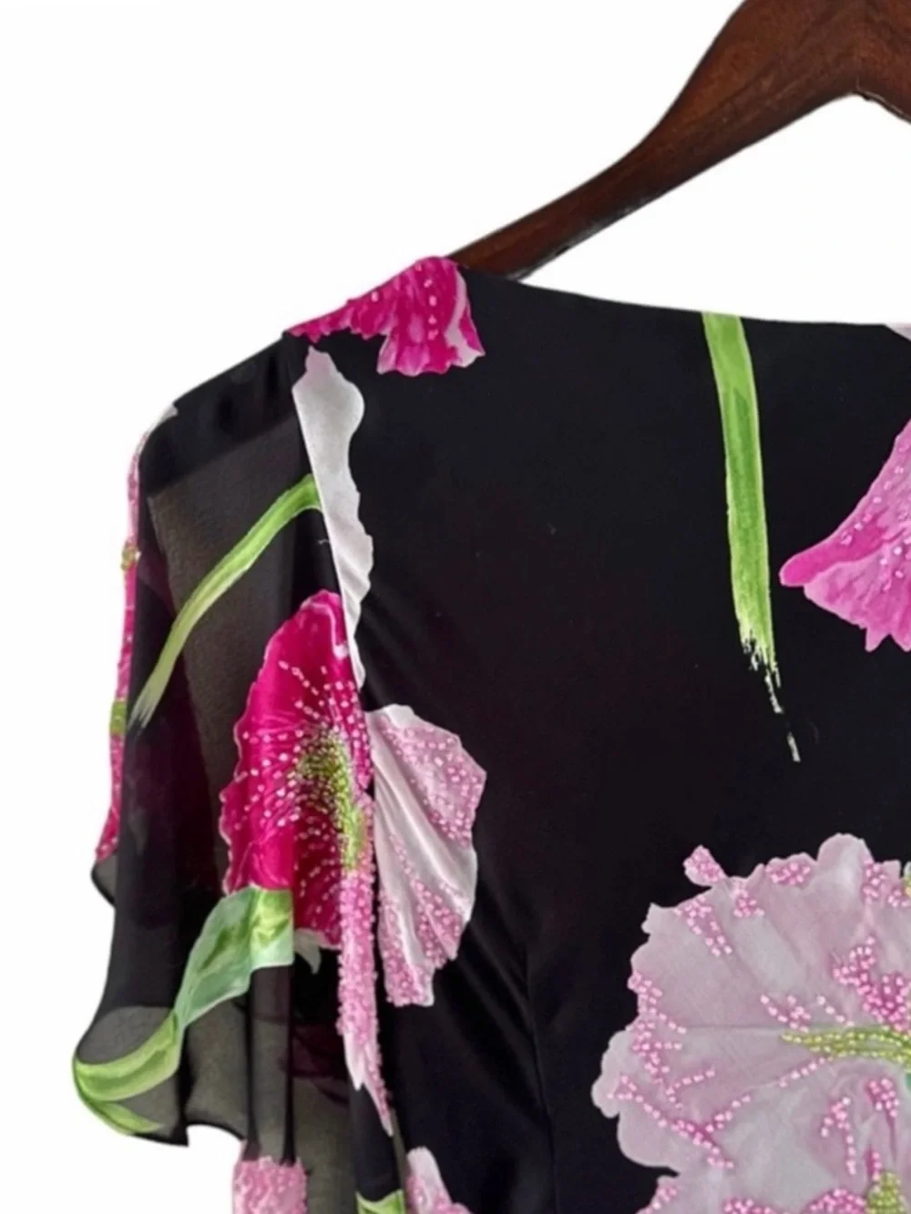Carmen Marc Valvo Black Floral Print Draped Neck Short Sleeve Silk Top Size 4 - Picture 6 of 8